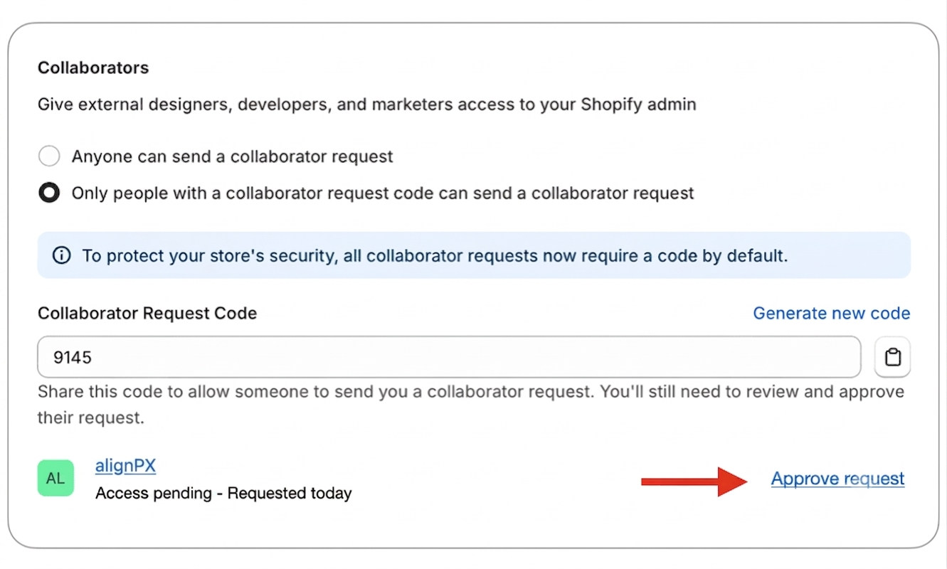 Shopify admin Collaborators section showing a pending collaborator request approval