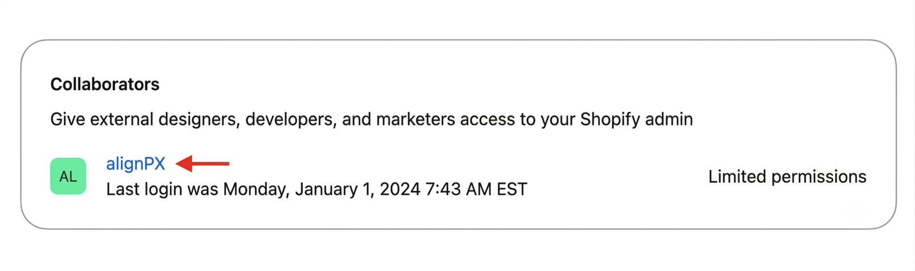 Shopify admin Collaborators section showing existing collaborator access